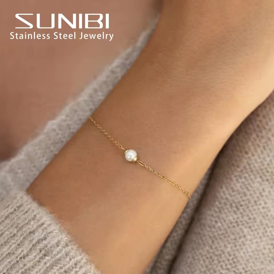 Sunibi Stainless Steel Bracelet For Women Sea Shell Simulated-Pearl Ultra Thin Chain Link Charm Bracelet Jewelry Wholesale