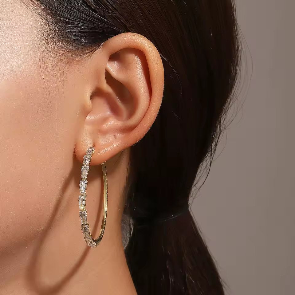 Korean Fashion Fully Inlay 5A Zircon Geometry Large Circle Earrings For Women High Quality Stainless Steel Hoop Earrings Jewelry