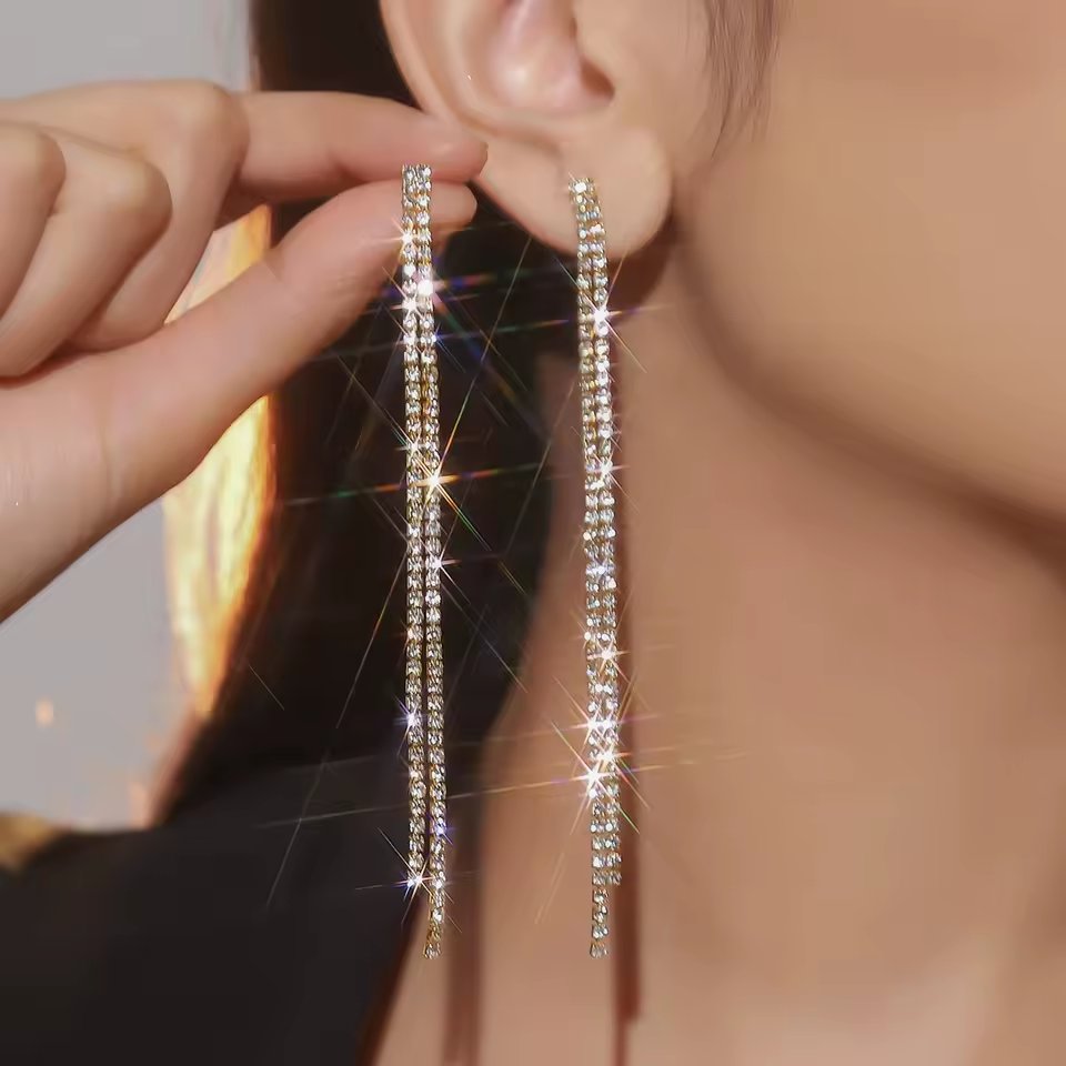 Treazy Shiny 4 Lines  Rhinestone Crystal Tassel Long Earrings For Women Wedding Party Hanging Dangle Earrings Bridal Brincos