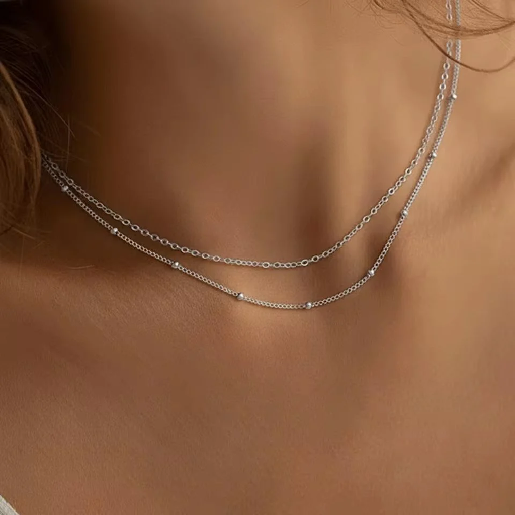 New Stainless Steel Bead Chain Double-Layer Minimalist Necklace Women'S Fashionable Commuter Versatile Collarbone Chain Jewelry