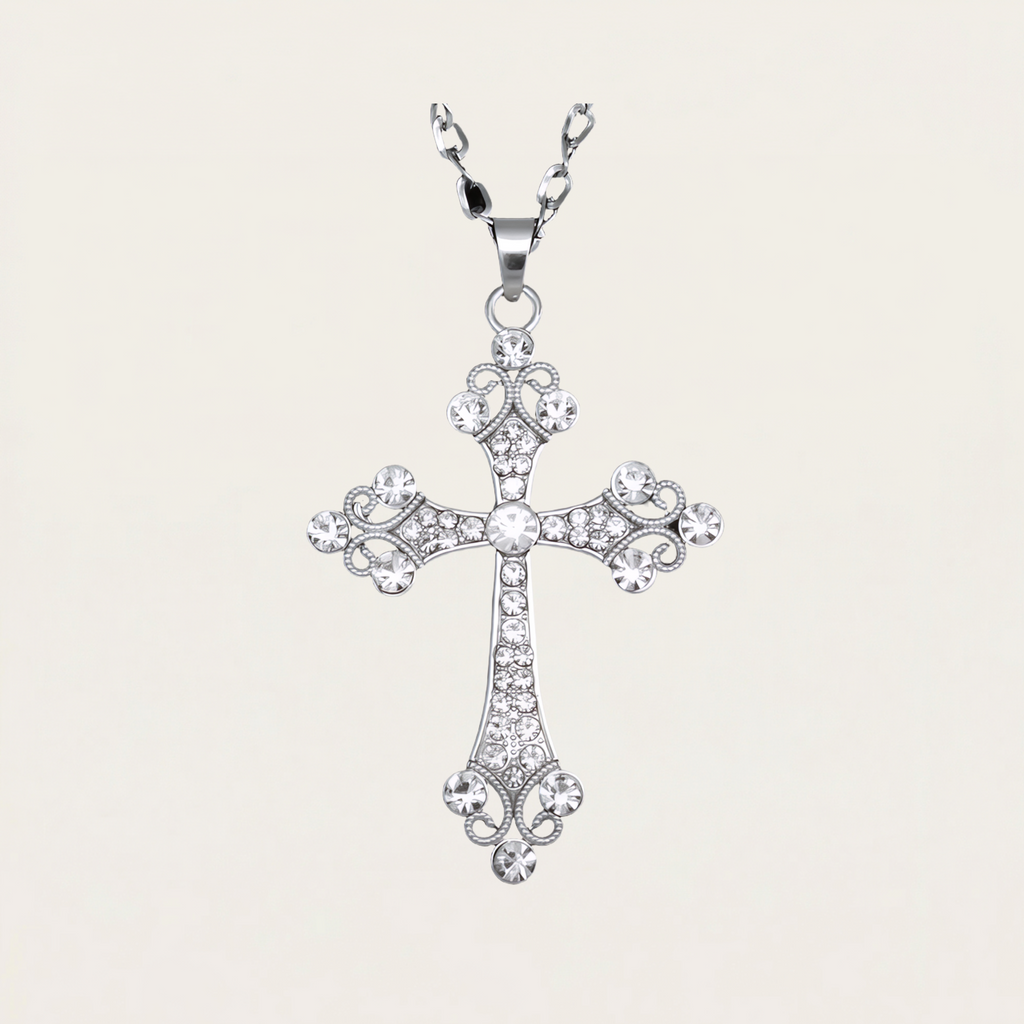 Big Silver Color Cross Pendant Necklace Crystal Rhinestone Long Chain Necklace For Women Hip Hop Fashion Jewelry Nke-H77