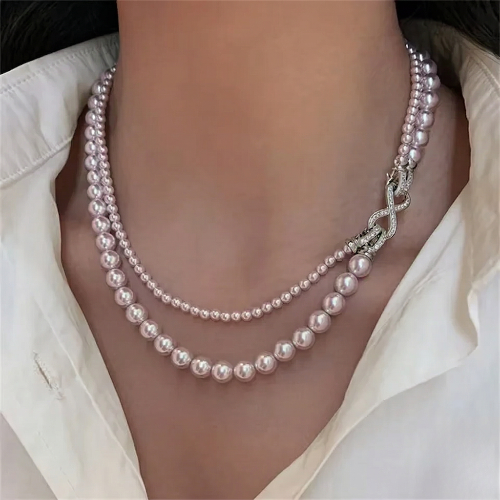 Pearl Manta Rose-Colored Necklace, Women'S Double-Layered Sweater Chain, Light Luxury Slightly Set Collarbone Elegant Necklace