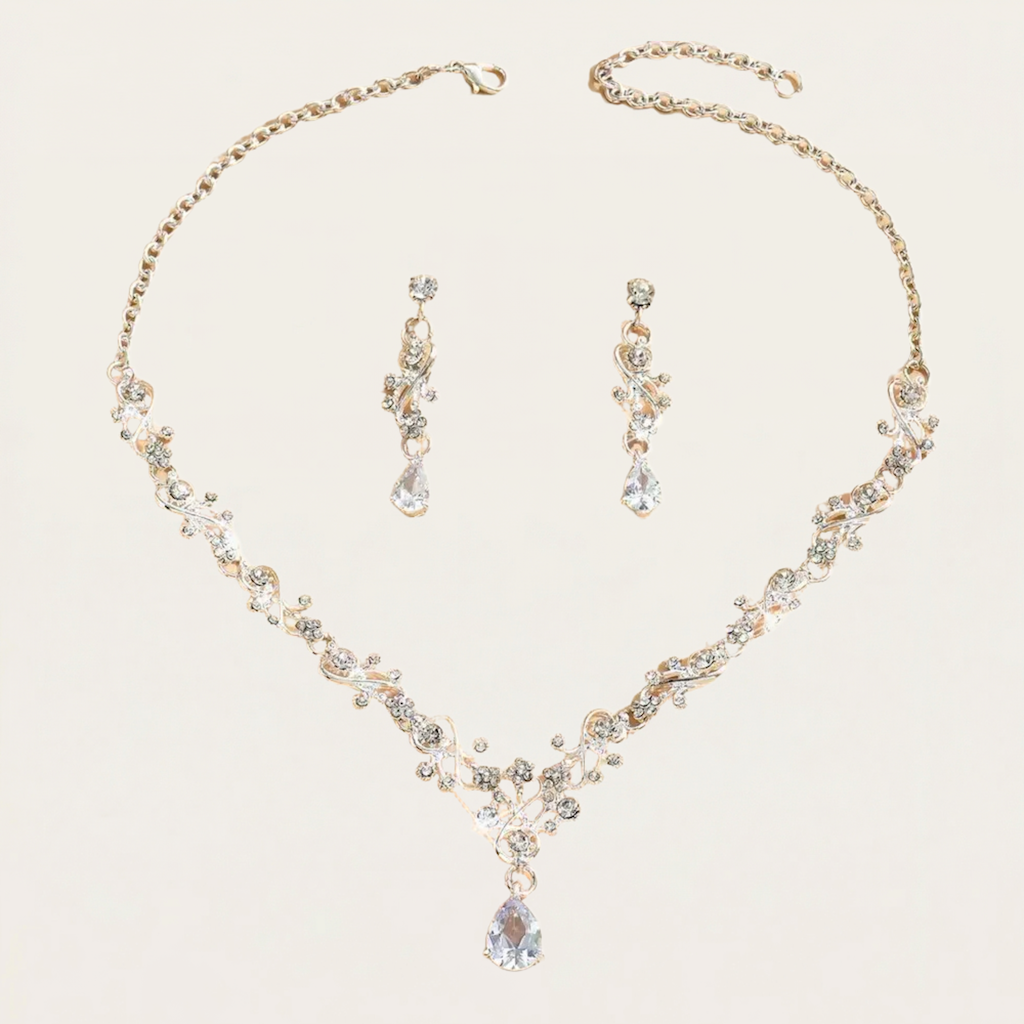 3Pcs Women'S Fashionable Jewelry Set With Rhinestones, Zircon, Water Droplets, Necklace, Earrings, Wedding Dress Accessories