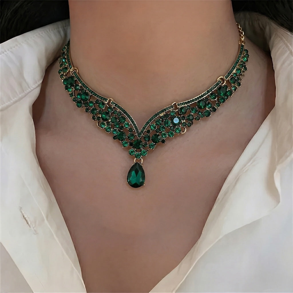Sparkling Luxurious Women Earrings Necklace Set Water Drop Rhinestones Crystal Adjustable Jewelry Set For Wedding Bride