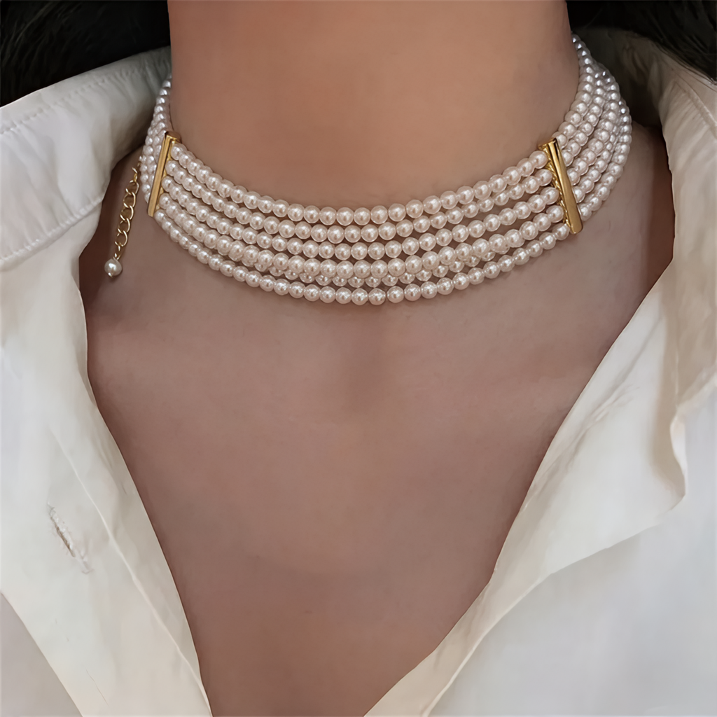 Vintage Five-Layer Pearled Glass Necklace Autumn/Winter French Design Light Luxury Clavicle Chain Classic Fashion Jewelry