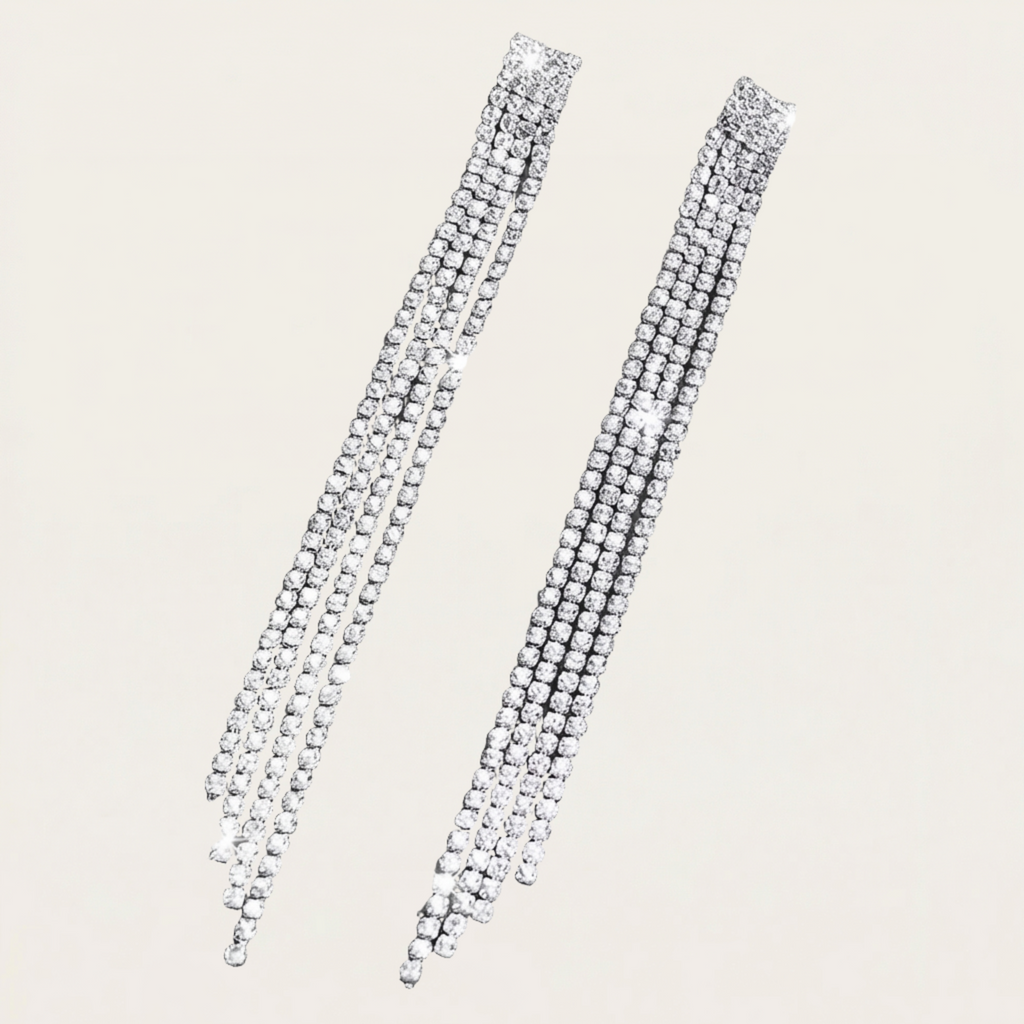 Treazy Shiny 4 Lines  Rhinestone Crystal Tassel Long Earrings For Women Wedding Party Hanging Dangle Earrings Bridal Brincos